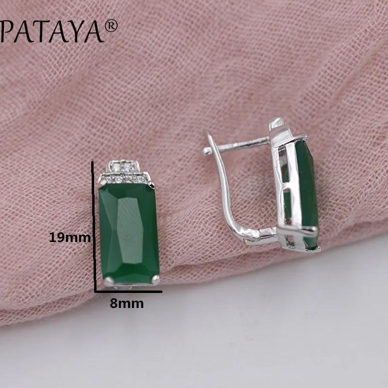 PATAYA New Square Green Natural Zirconia Earrings Ring Sets Women Wedding Party True White Gold Romantic Jewelry Set Multicolor | Украшения