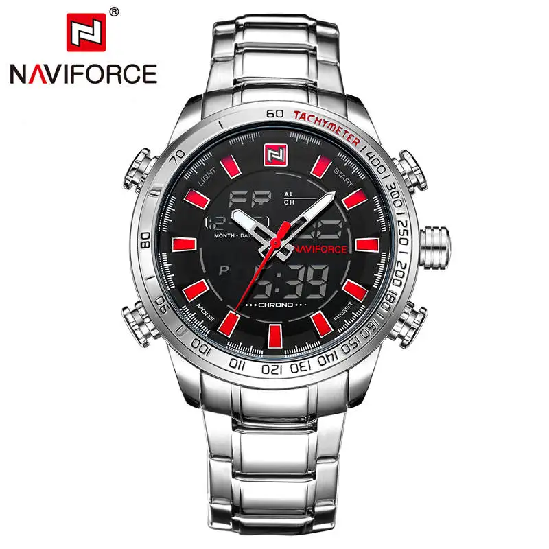NAVIFORCE кварцевые наручные часы для мужчин s часы лучший бренд класса люкс спортивные военные часы мужские часы из нержавеющей стали водонепроницаемые relogio masculino - Цвет: silver red