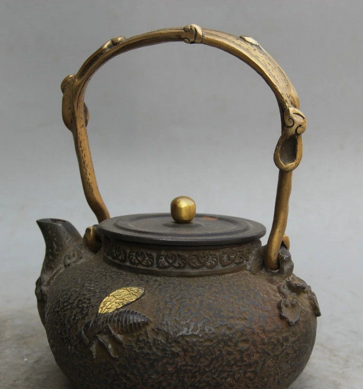 Старая Япония Японский Железный позолоченный шестиугольный цветочный чайник