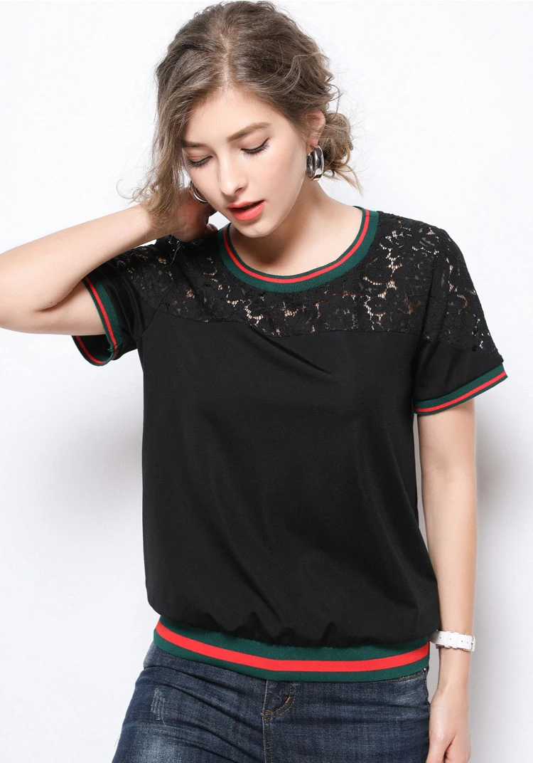 Femininas Blusas, женские блузки, летняя мода, Сексуальная Повседневная рубашка, топы, кружева, короткий рукав, круглый ворот, для отдыха, черного цвета, размера плюс l-5XL
