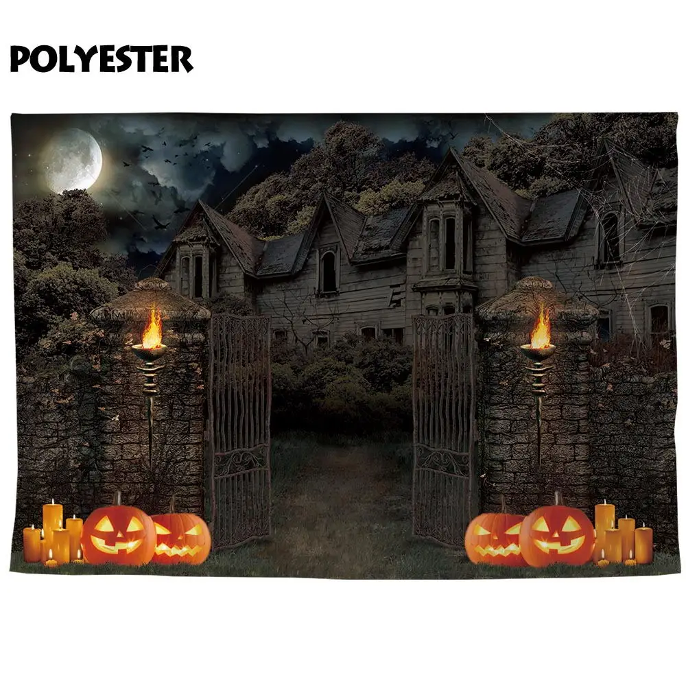 Allenjoy photographic background Halloween pumpkin candle night vintage moon iron castle gate photography backdrop photobooth |