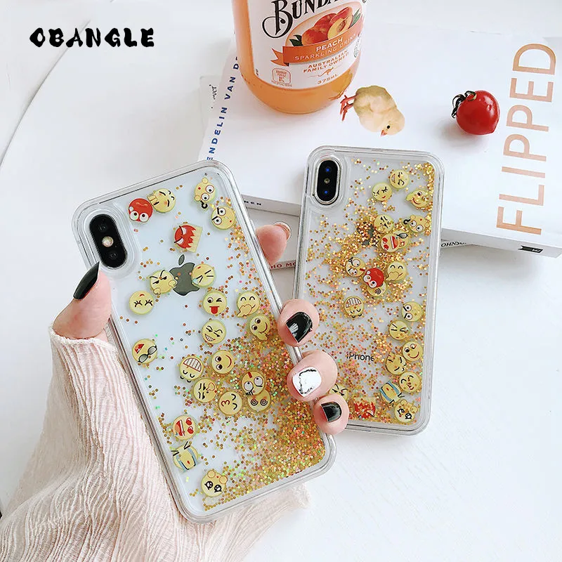 OBANGLE App Moji Liquid Glitter Quicksand Cover Case For iphone 6 6S 7 8 Plus X XR XS Max Cute Transparent Phone Back |