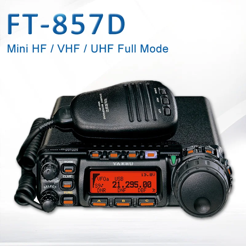 Автомобильный портативный радиопередатчик Yaesu FT-857D для любительского радиовещания на коротких и сверхкоротких волнах в режимах полного диапазона двойной полосы.