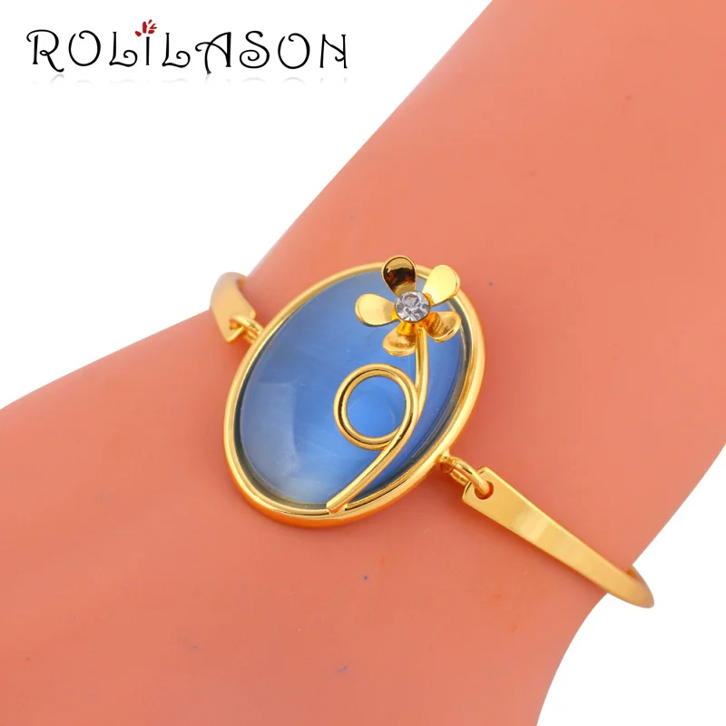ROLILASON Новый дизайнерский бренд голубой циркон золотой браслет для Для женщин
