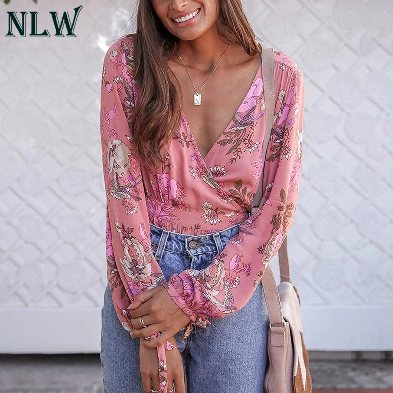 NLW Sexy Feminino розовый цветочный блузка Для женщин с длинным рукавом оборками