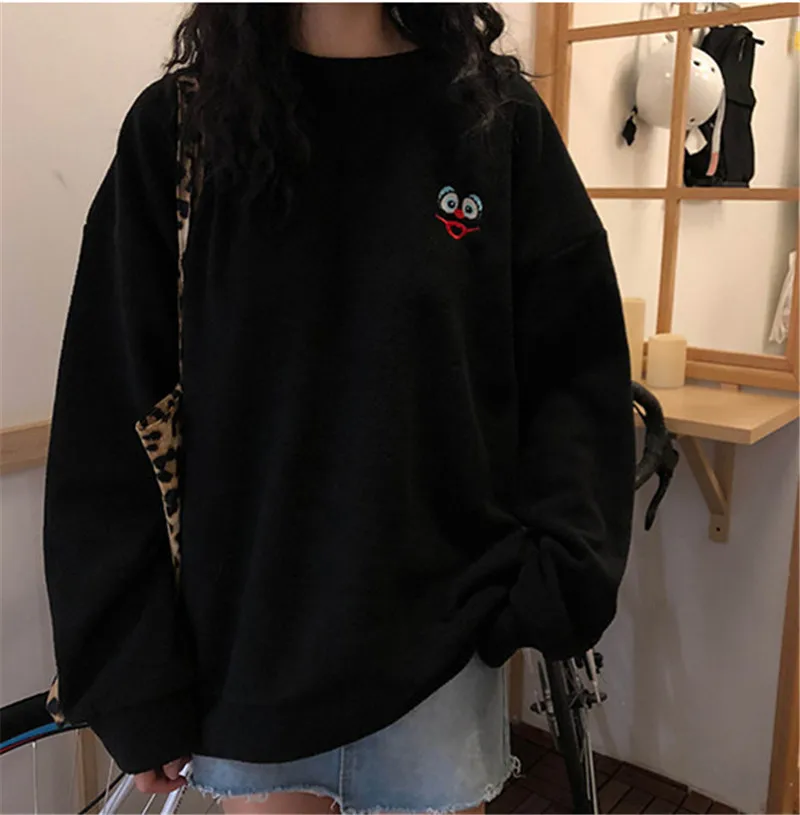 black Neploe мультяшная вышивка Женские однотонные толстовки с капюшоном и круглым вырезом женский свободный пуловер Весна Осень Повседневная мода Modis Топ 69675 - Цвет: black