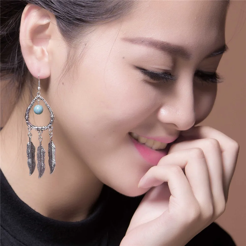 серьги с камнями Женщины Серьги Цыганский Плечо Duster Хиппи Boho Шик Бирюзовый