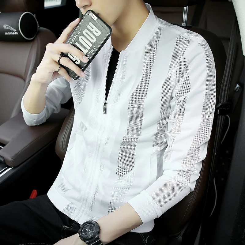 Новинка 2019 мужская куртка летняя версия полый в полоску с сеткой сшитая тонкая