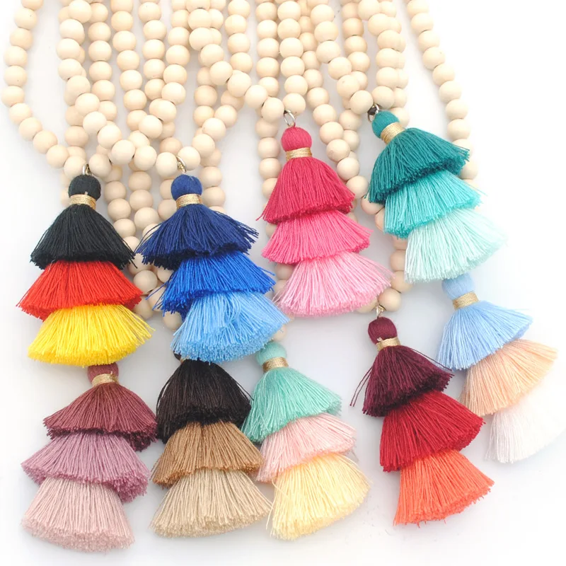 

2019 Summer Beach Bohemia Ethnic 3 Layered Neon Tiered Long Tassel Long Necklace Women Beaded Sweater Chain Pendant Necklaces