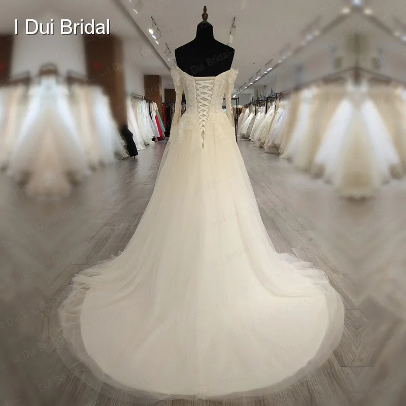 Off Shoulder Long Sleeve Wedding Dress A line Lace Appliqued Beaded Bridal Gown Factory High Quality Custom Made