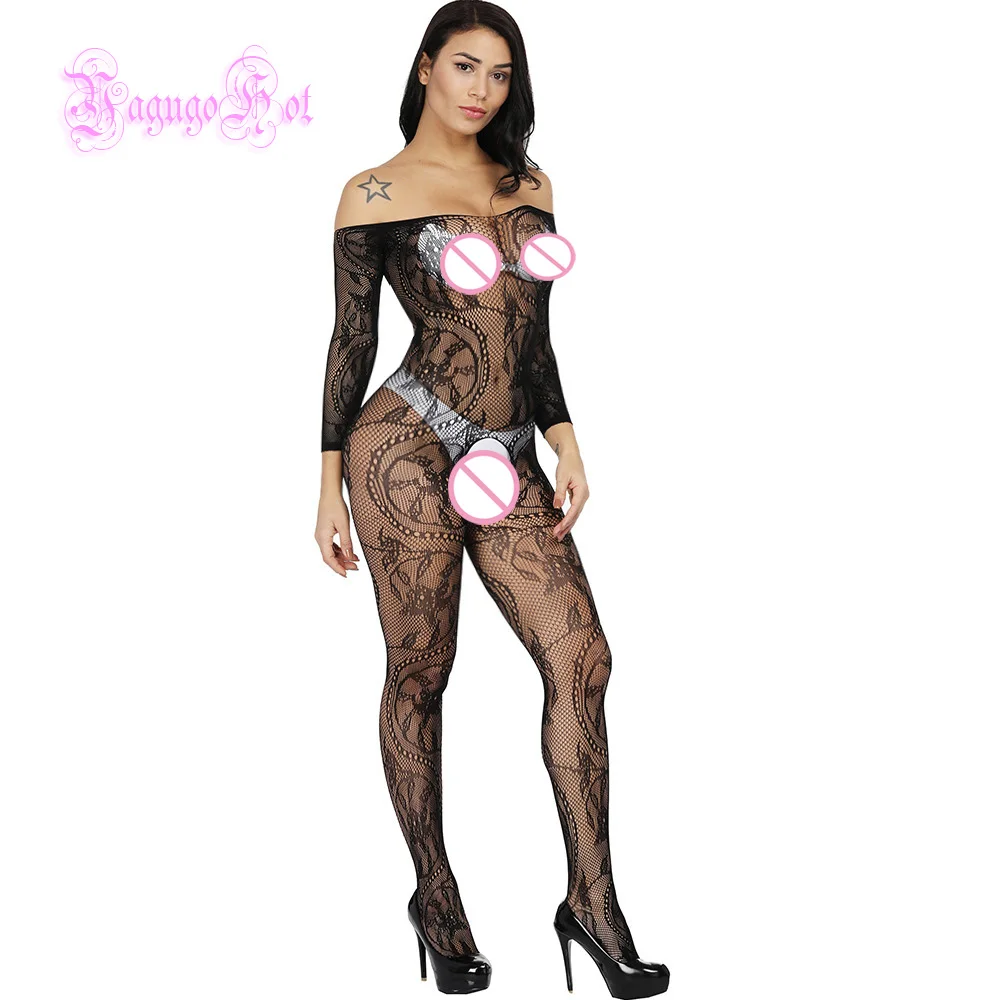 Black Sexy Fishnet Sheer Crotchless Swirly Lace Teddy Floral Long Sleeved Bodystocking Lingerie Intimates Babydoll Bodysuit Catsuit - Цвет: Black