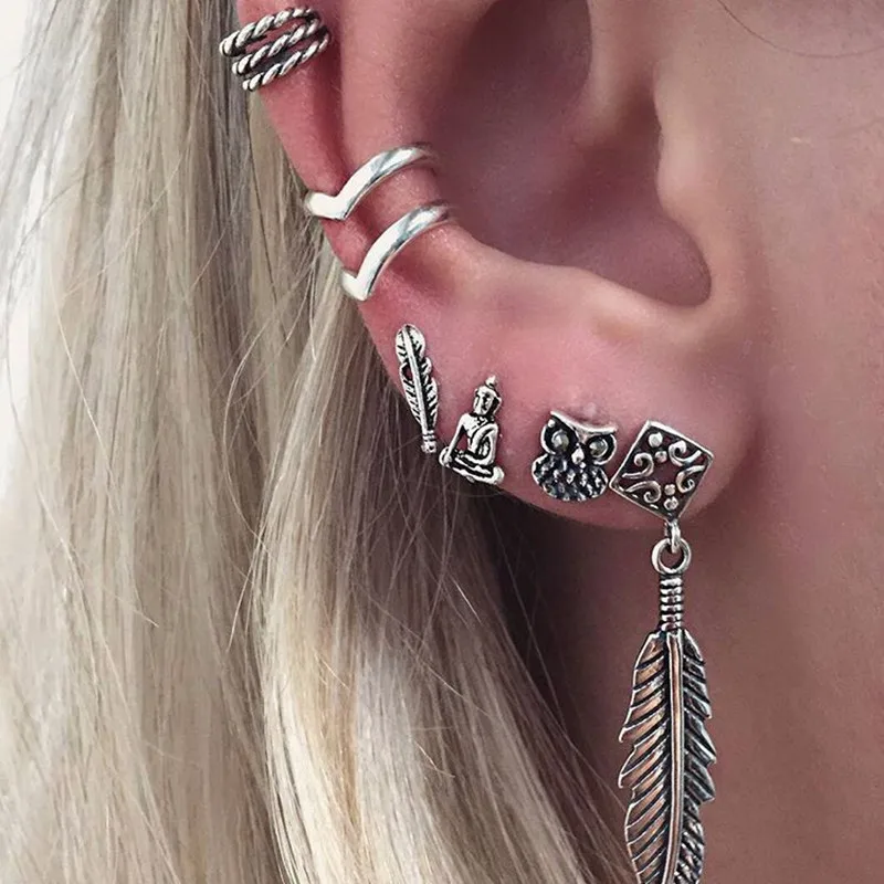 7 шт. богемные Винтажные серьги с якорем листьями совой модные ретро набор колец