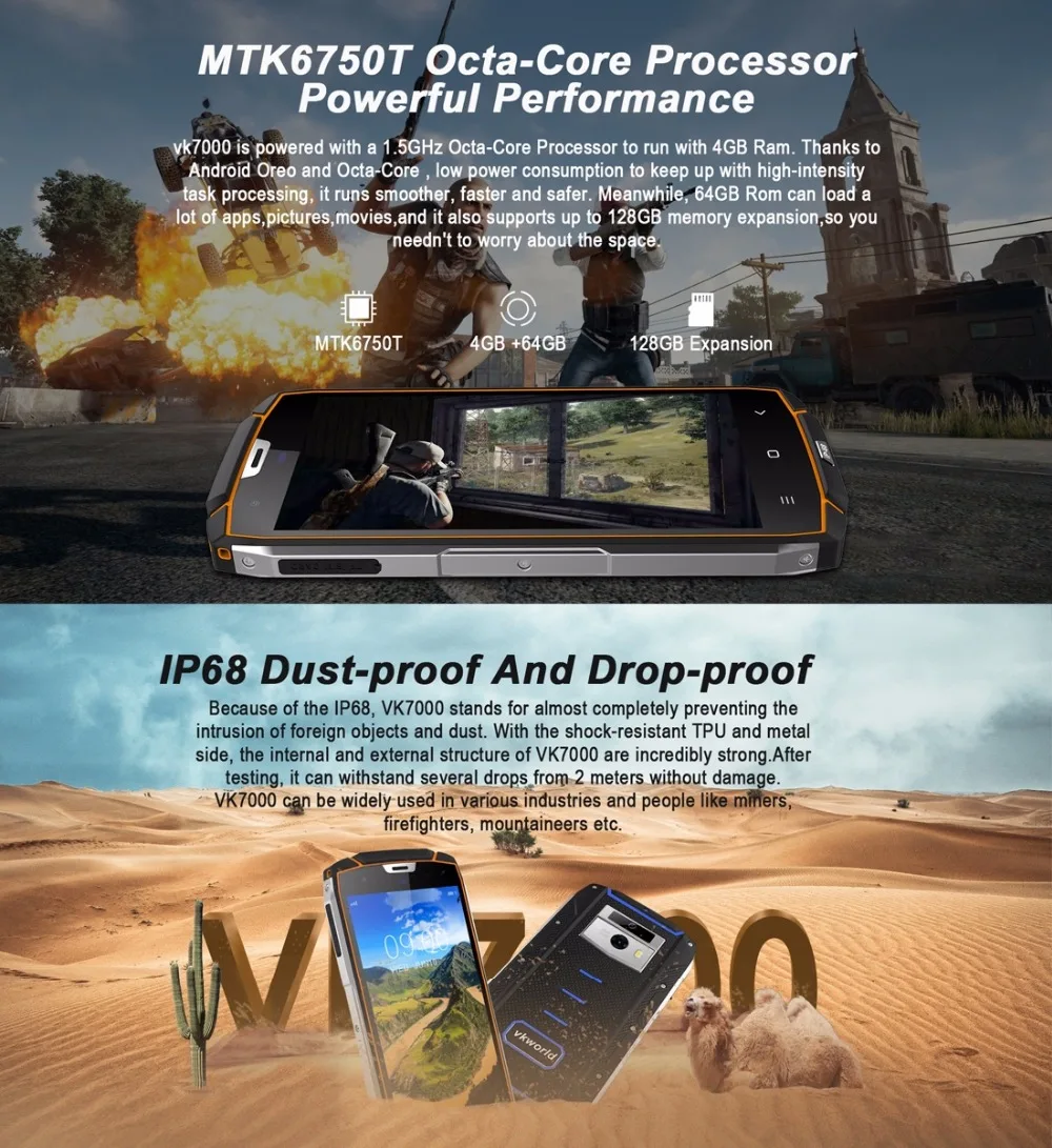 Vkworld VK7000 IP68 Водонепроницаемый смартфон 5 2 &quotMTK6750T Octa Core Android 8 0 Беспроводной