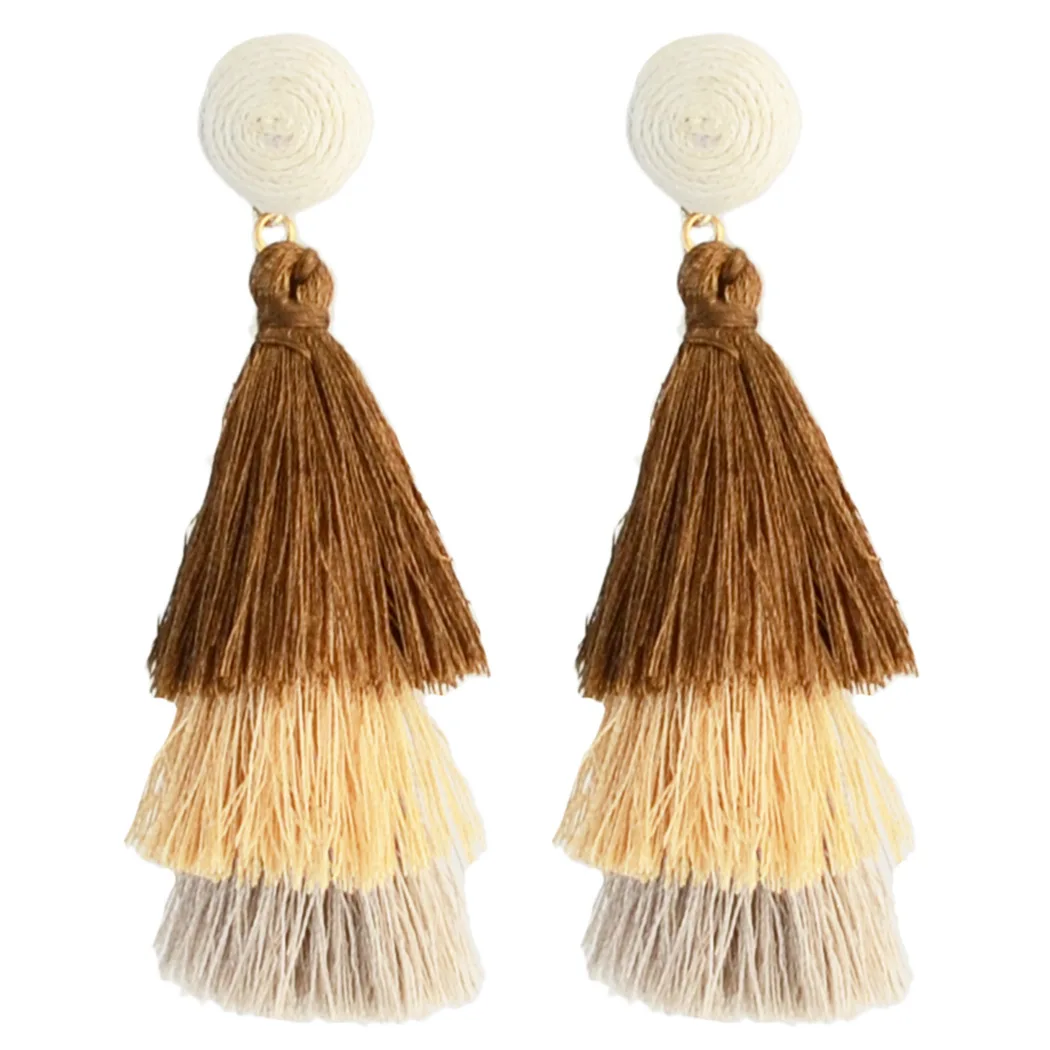 Zhushu 4 Color Boho Crystal Multi-layer Long Tassel Drop Earrings For Women Fashion Silk Fabric Dangle Earring Ethnic Jewelry |