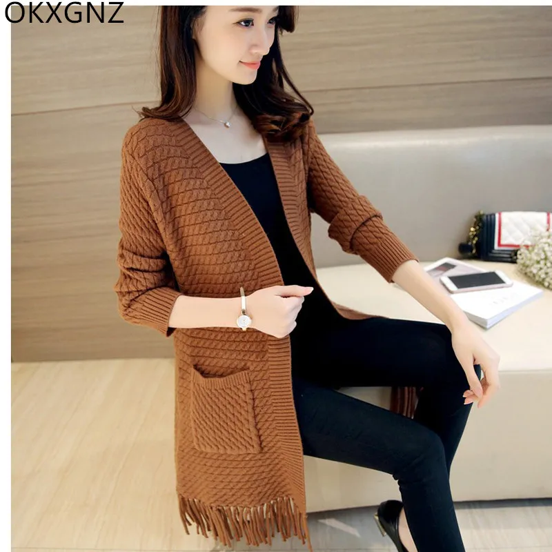 Women's Long Cardigan 2019 Spring Autumn New Slim Ladies Outside Knitted Tassel Sweaters Caramel Khaki Black Pink Beige |
