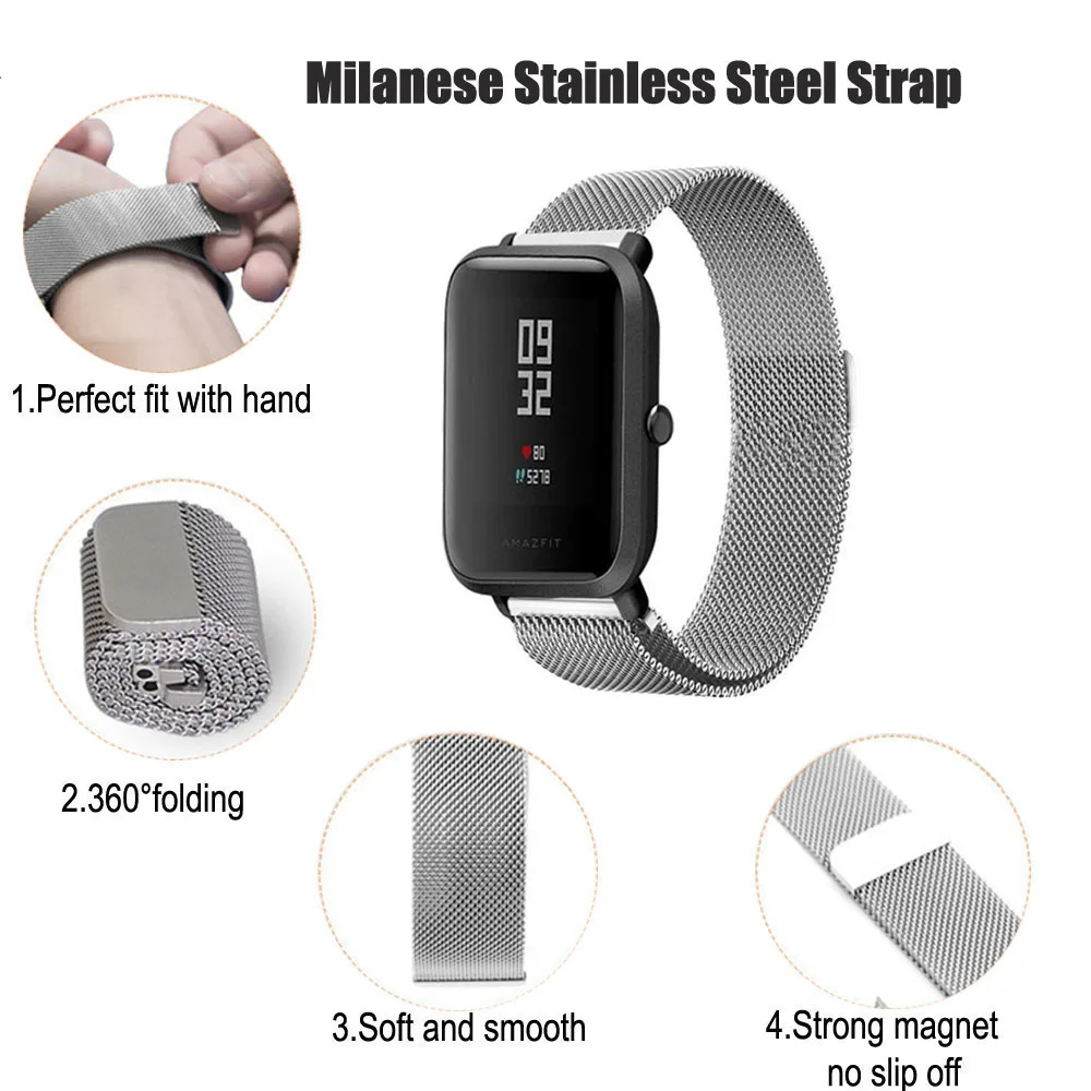 20 мм Миланский магнитный металлический ремешок для часов Xiaomi Amazfit Bip BIT Lite Youth Smart Watch ремешок из нержавеющей стали