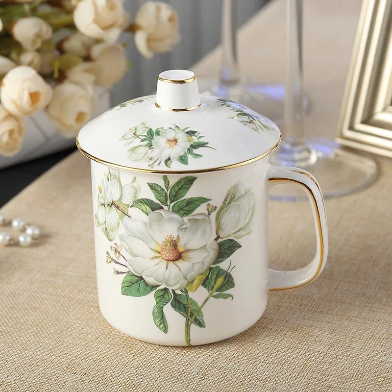 350 мл белая розовая чашка из твердого английского фарфора с крышкой и ложкой