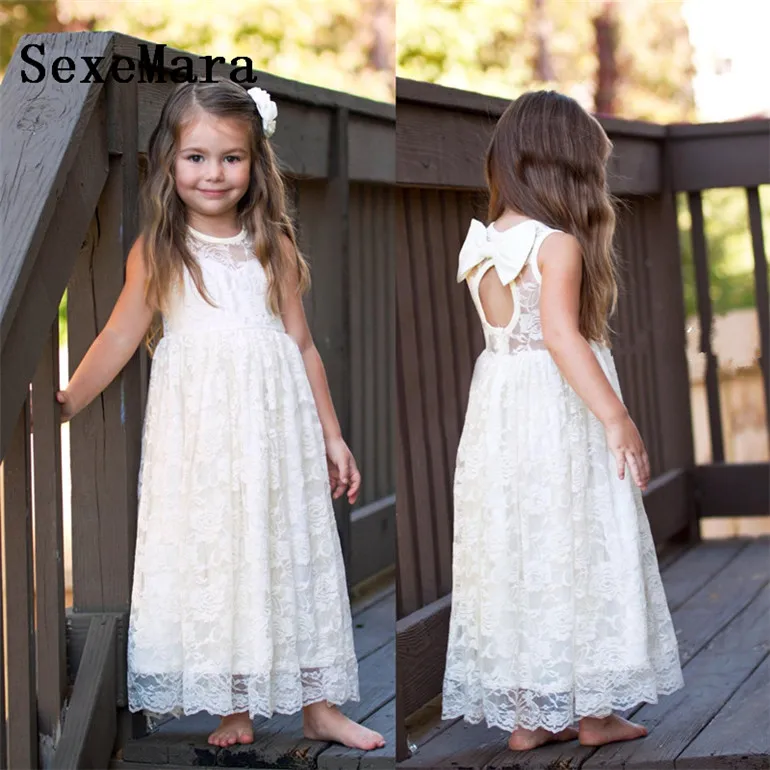 White Lace Keyhole Back Flower Girl Dresses for Wedding Applique Floor Length Girls Birthday Gown Christmas Dress Size 2-16 Year | Детская