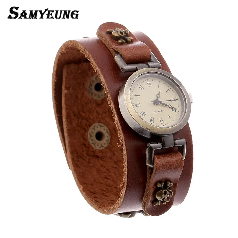 Панк широкие браслеты из телячьей кожи мужские часы ручной работы с черепом