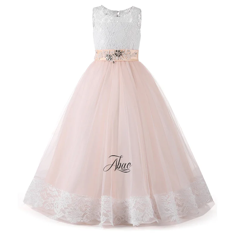 Baby Children Clothing Dress Lace Belt Drill Sleeveless Champagne Color Fluffy Flower Kids Girl Elegant Wedding GDR401 | Детская одежда