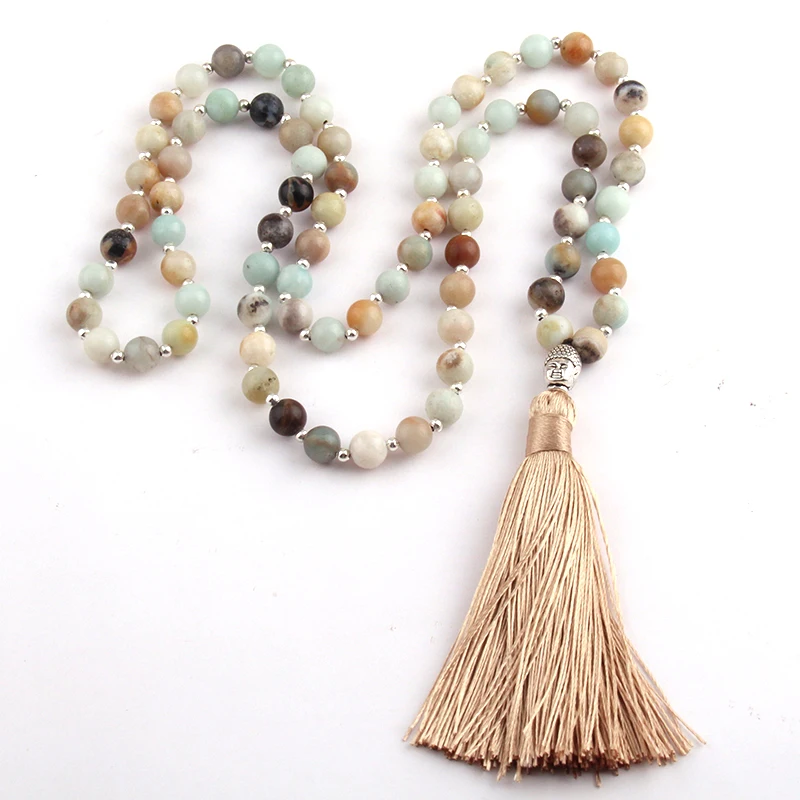 Fashion Bohemian Tribal Beige Tassel Yoga Jewelry Amazonite Stone Buddha Necklace For Women Lariat Necklaces | Украшения и