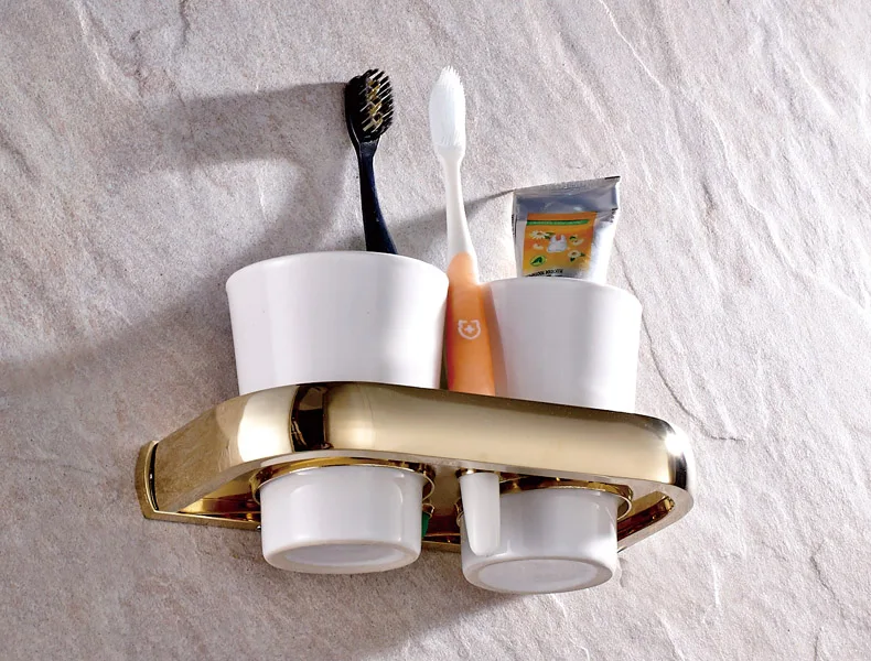 Wall Mounted Luxury Gold Color Brass Bathroom Toothbrush Holder Set Accessory Dual Ceramic Cup mba846 | Обустройство дома