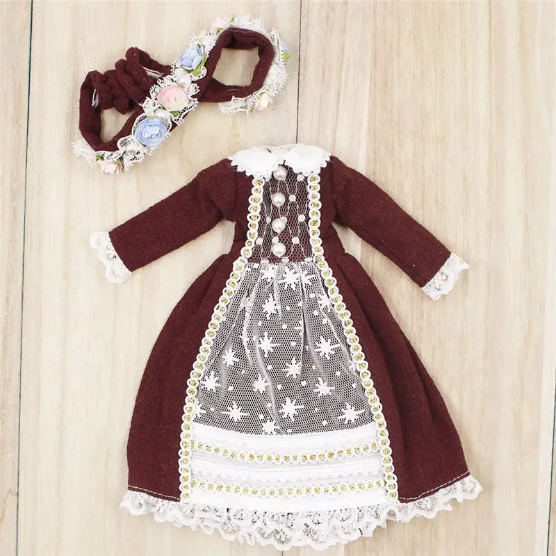 Наряды для куклы Blyth, кружевное бордовое платье с лентой для волос, элегантный костюм для 1/6, azone BJD pullip licca - Цвет: like the picture