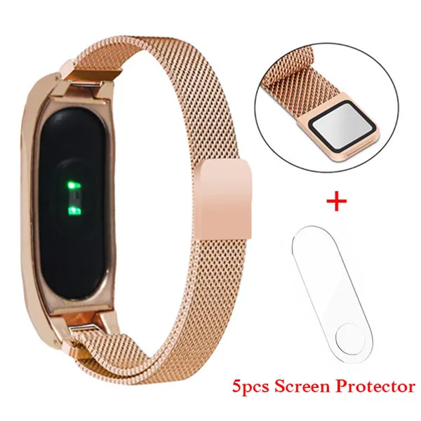 Rose gold add film Mi lanese металлический ремешок для Xiaomi mi Band 2 Смарт-часы Безвинтовой браслет из нержавеющей стали для Xiaomi mi band 2 Широкие ремешки - Color: Rose gold add film