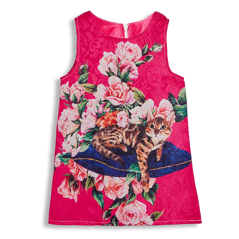 Милые Красные Платья с цветочным принтом и кота для девочек летний Повседневный
