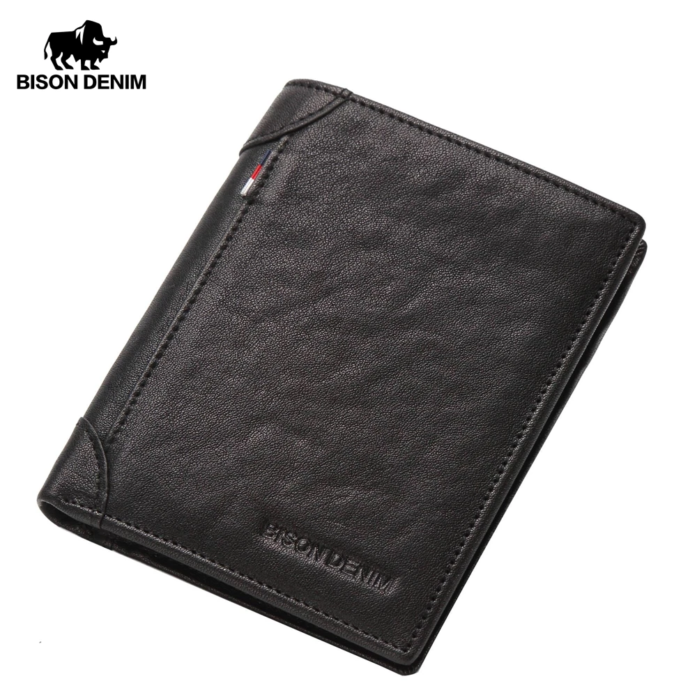 Мужской кошелек из натуральной воловьей кожи BISON DENIM тонкий брендовый короткий с
