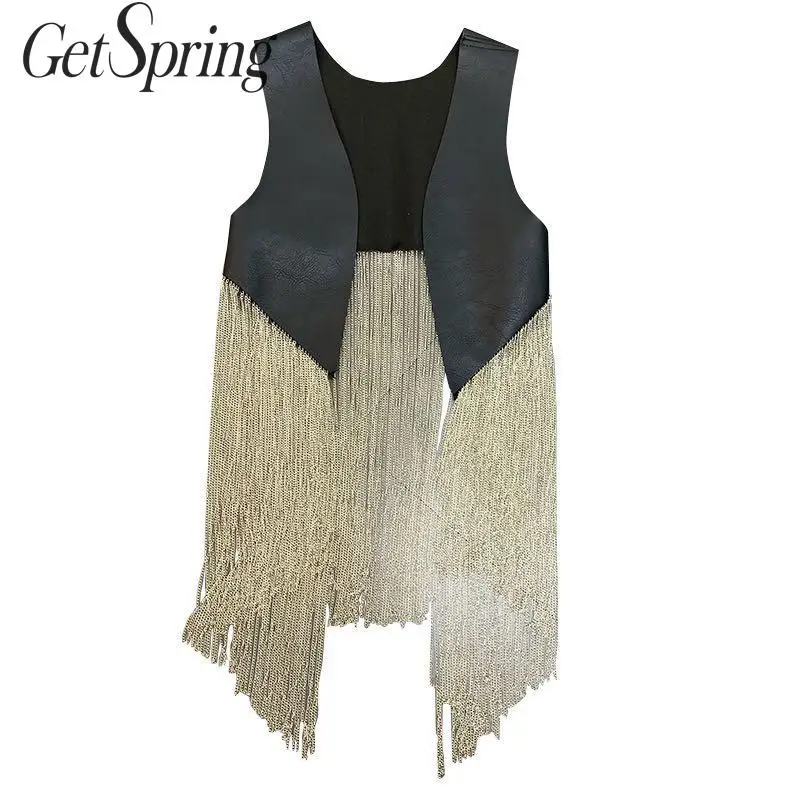 GETSPRING женское пальто жилет куртки с кисточками и цепочками в стиле пэчворк