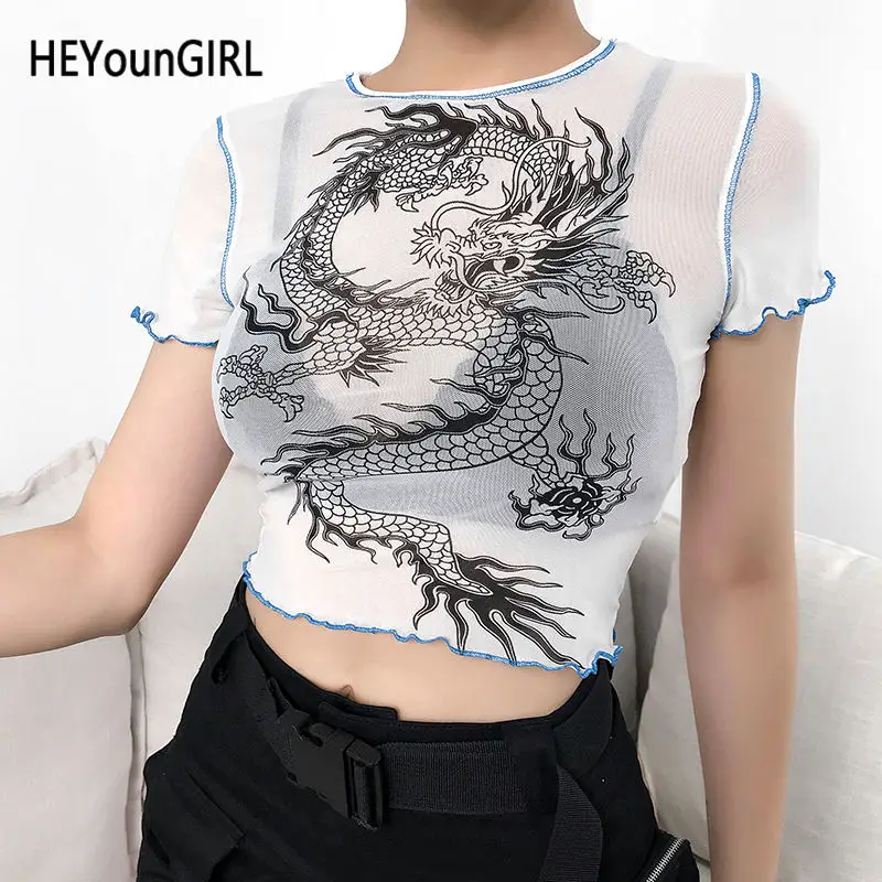 HEYounGIRL дракон с принтом прозрачная Сексуальный Топ Футболка короткий рукав сетка Женская футболка, топ, футболка, Модная футболка Летняя женская обувь - Цвет: Белый