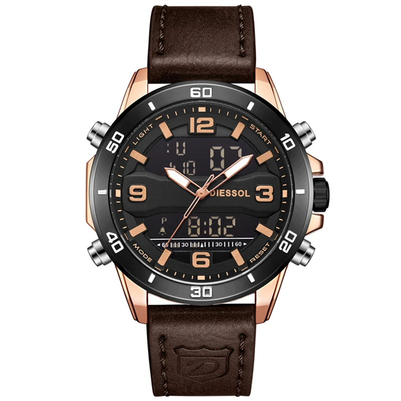 DIESSOL Men's Watches Top Brand Luxury Leather Quartz Watch Men Waterproof Military Sport LED Digital Relogio Masculino | Наручные