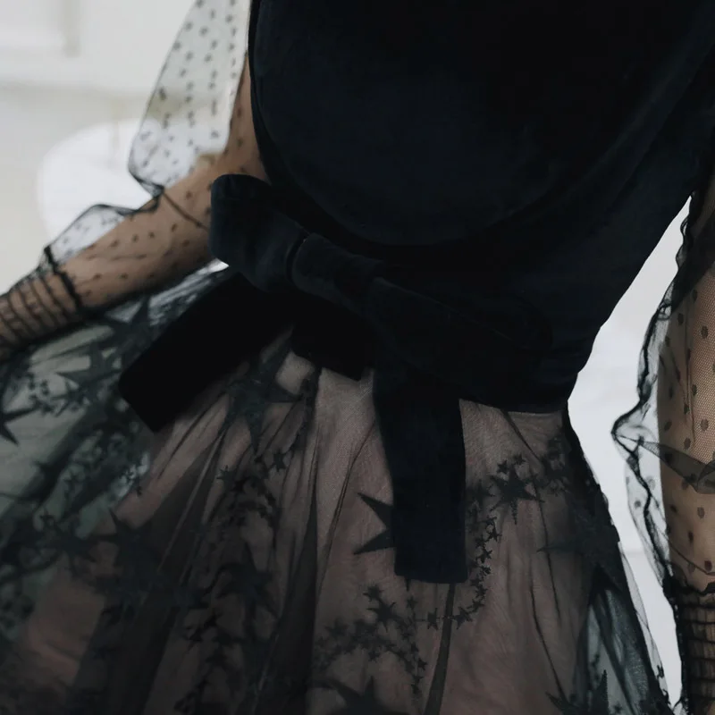 Черное повседневное Тюлевое вечернее платье Vestidos De Fiesta De Noche с длинными рукавами Элегантное Длинное Вечернее платье Robe De Soiree ES1957