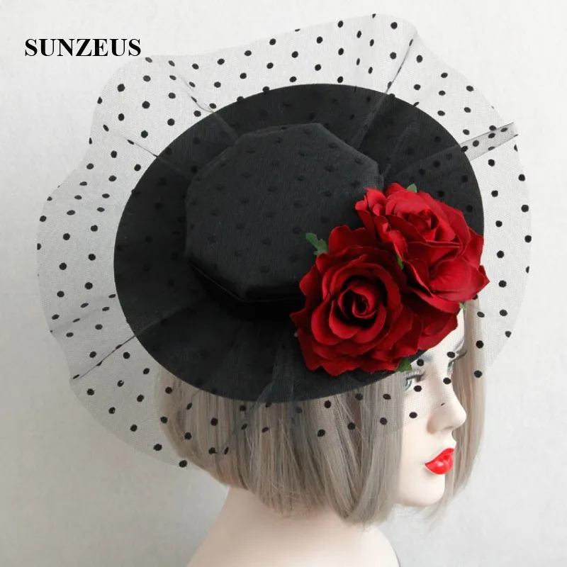 

Black Hat with Artificial Red Rose Flowers Sexy Nigh Party Hair Decoration with Black Tulle High Quality Bridal Hats SH08