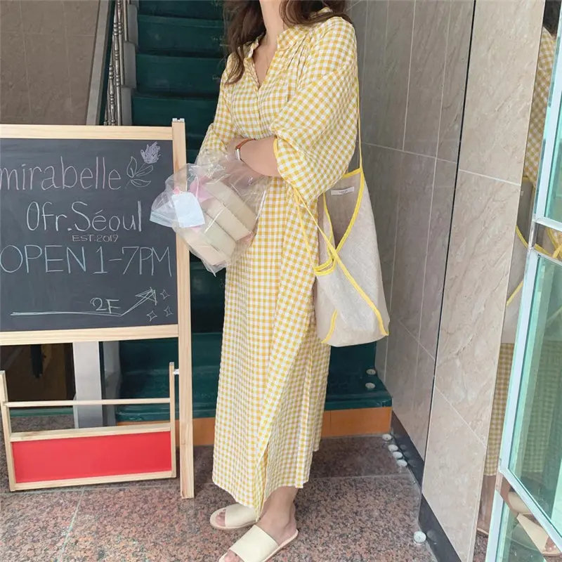 Alien Kitty Chic Summer Plaid Lazy Style Casual Sweet Sunscreen High Quality Lace Up Loose Short Sleeve All-Match Yellow Dress | Женская