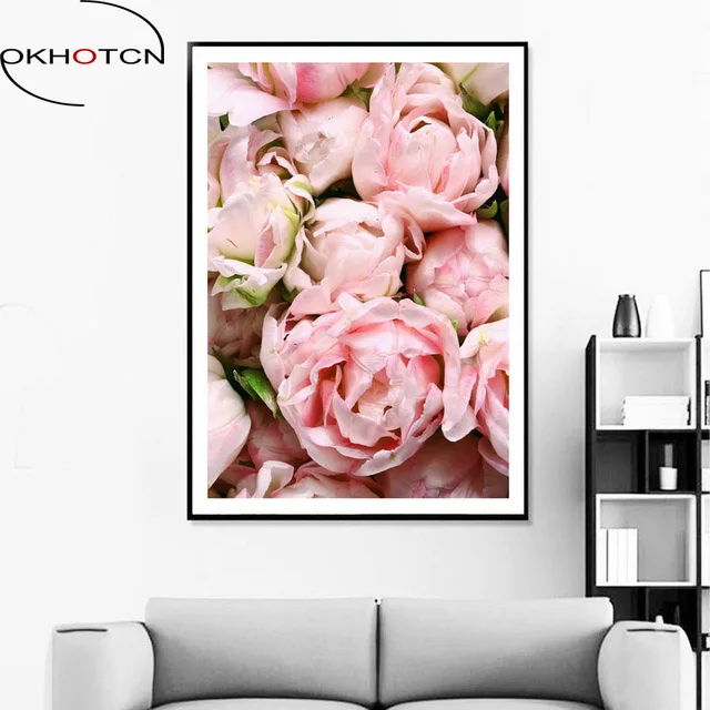 

OKHOTCN Unframed Flower Posters And Prints Oil Pink Rose Scenery Canvas Painting Nordic Wall Art Pictures Living Room Home Decor