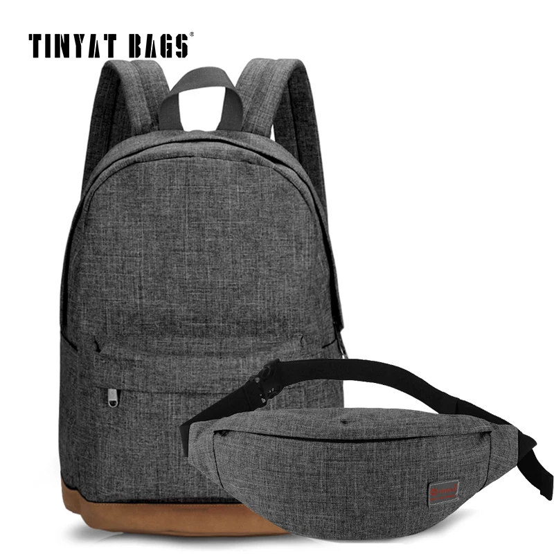 

TINYAT Men Canvas Backpack School Casual Laptop Backpack Gray Composition Bags Leisure Male Waist Belt Bag Crossbody Bag Set