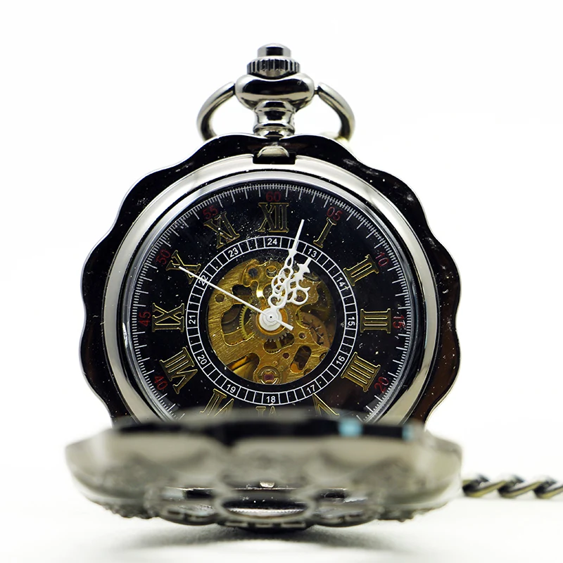 Specially Designed Flower Shaped Hollow Mechanical Pocket Watch with Black Retro Hand Wound Fob Chain Men's Watch