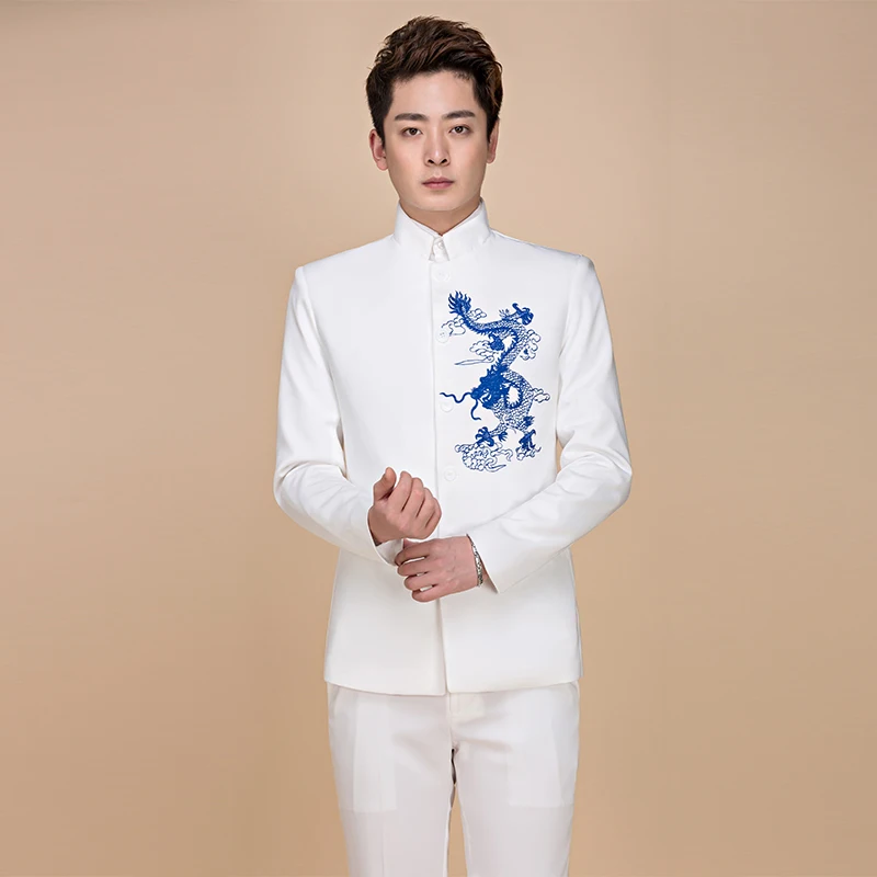 Black white yellow male suits mens chinese tunic suit set style stand collar men formal dress embroidery dragon | Мужская одежда