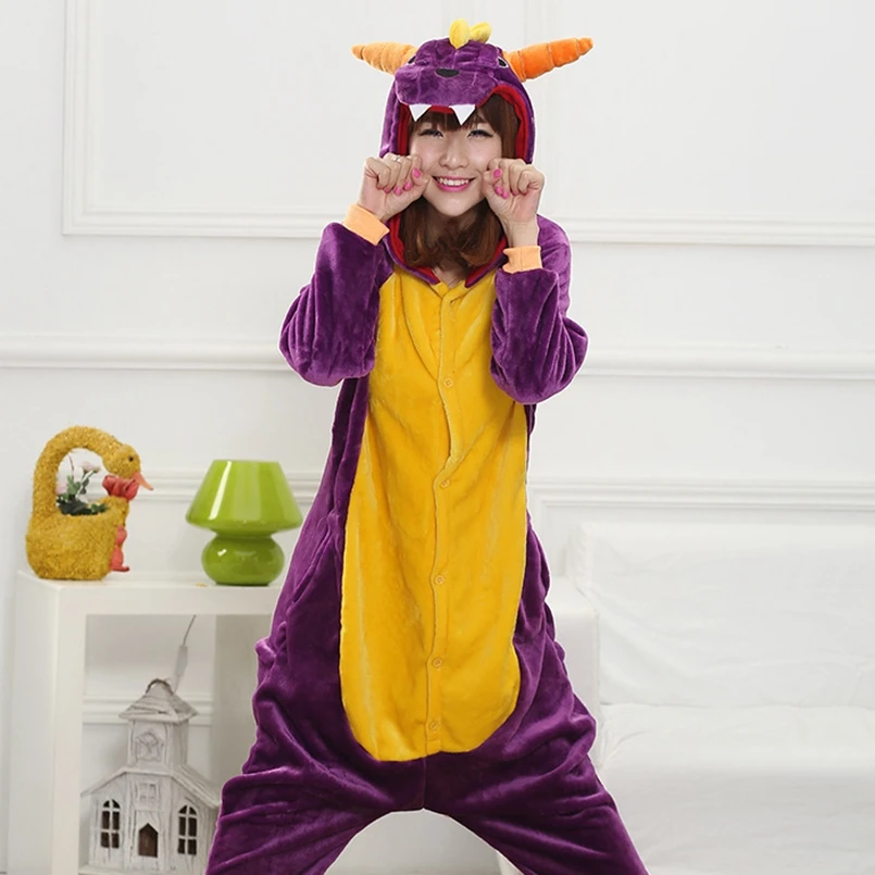 Purple Dragon Animal Cosplay Costume Onesie Hoodie For Adult Women Men Halloween Holiday Party Flannel Full Length | Тематическая