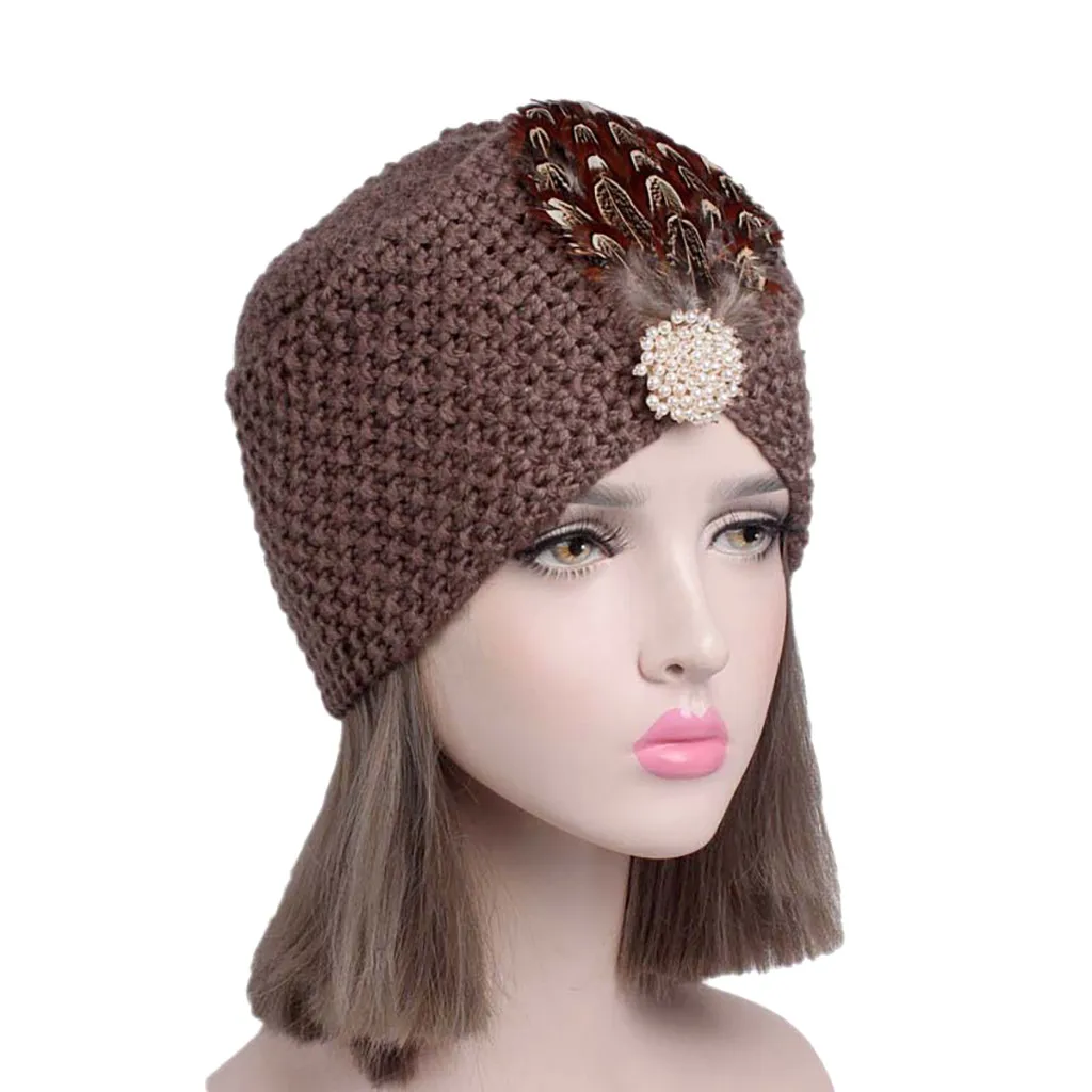 Женская зимняя теплая вязаная шапка в стиле ретро, шапка с козырьком, шапка с перьями, Новое поступление, Женская Повседневная шапка#25