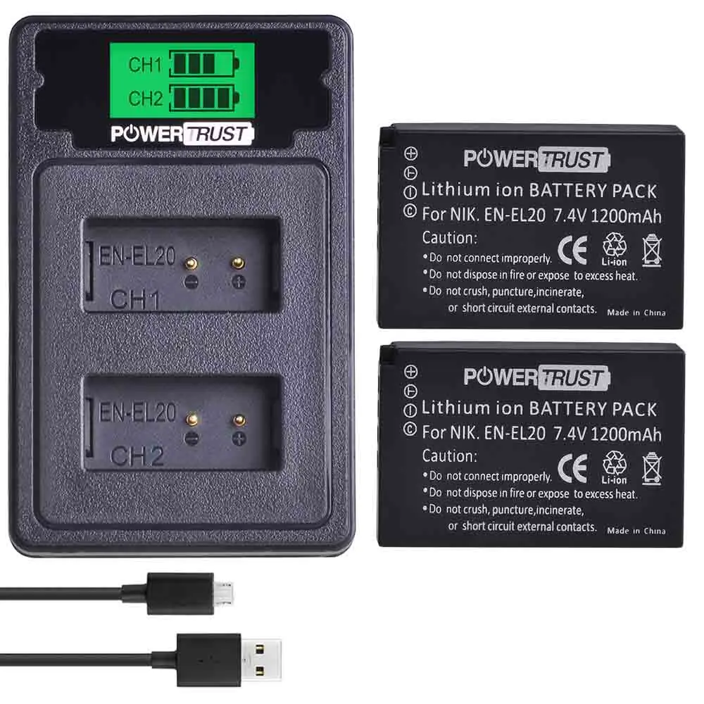 2 battery set PowerTrust 2 шт. 1200 мАч EN-EL20 EN-EL20a EN EL20 батарея+ ЖК-дисплей Dual USB зарядное устройство для NIKON 1 J1 J2 J3 S1 батареи камеры - Цвет: 2 battery set