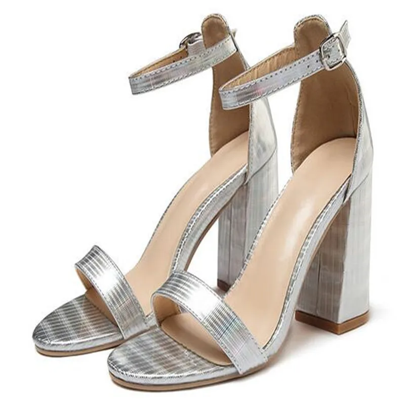

New Summer Sliver Sexy Wedding Party Open Toe Women Sandals Stiletto Square High Heel 10CM Ankle Strap Buckle Sandals