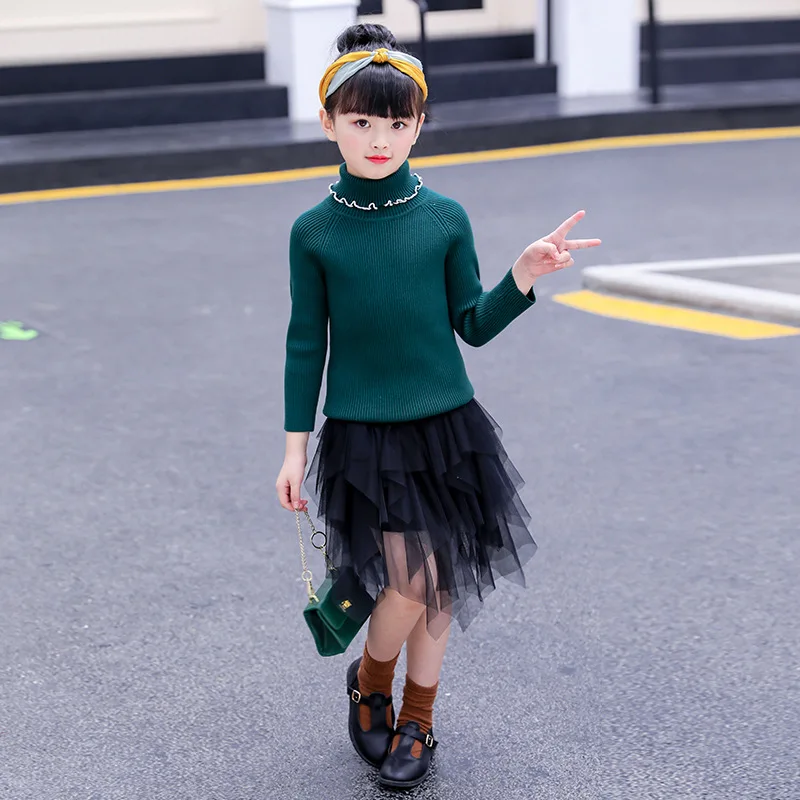 Green sweater Детский вязаный свитер; сезон осень-зима; детская водолазка; черно-белые свитера; повседневные кардиганы для маленьких девочек; теплая детская одежда; От 2 до 14 лет - Цвет: Green sweater