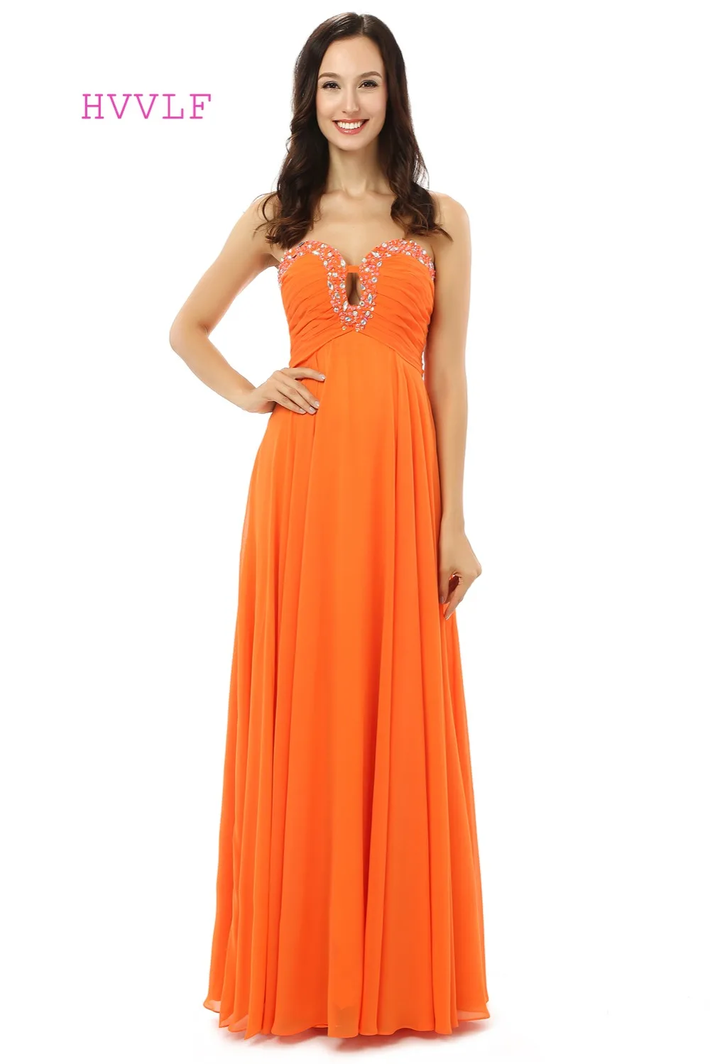 

Женское длинное вечернее платье, оранжевое шифоновое платье-трапеция с кристаллами, расшитое бисером, для выпускного вечера