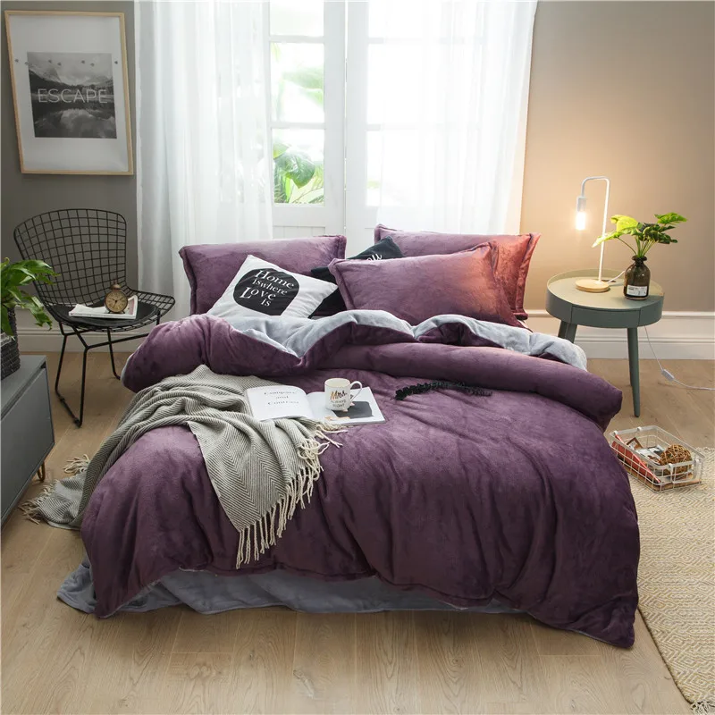 qiezi silver grey Зеленый зимний флисовый комплект постельного белья AB сбоку пододеяльник фланелевый флисовый плоский лист 3/4 шт. твердый Домашний Комплект постельного белья caroset постельное белье теплые - Цвет: qiezi silver grey