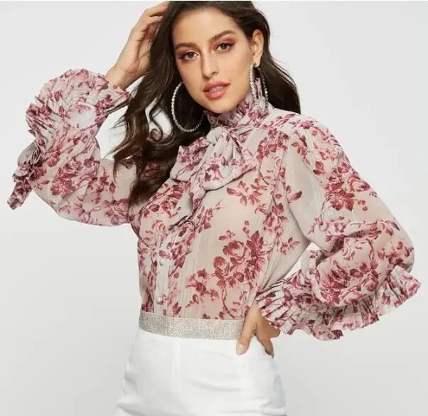 

Cultiseed Women Summer Chiffon Shirts Blouses Tops Ladies Sexy Perspective Print Bow Shirts Female Office Work Party Shirts Top