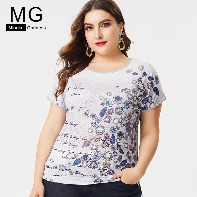 2019 летняя Новинка размера плюс женская футболка с круглым вырезом цветочным