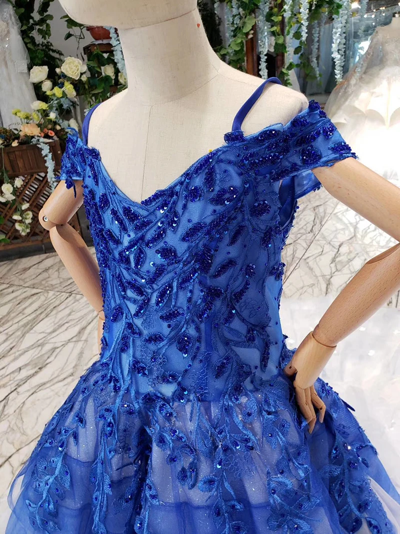 Синее Пышное Платье для девочек с открытыми плечами и аппликацией из бисера